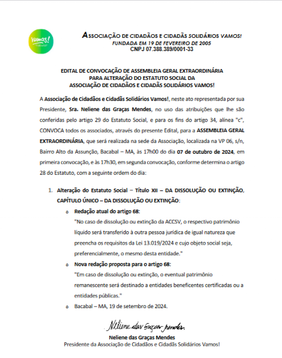 EDITAL DE CONVOCAÇÃO DE ASSEMBLEIA GERAL EXTRAORDINÁRIA PARA ALTERAÇÃO DO ESTATUTO SOCIAL DA ASSOCIAÇÃO DE CIDADÃOS E CIDADÃS SOLIDÁRIOS VAMOS!