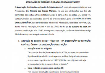 EDITAL DE CONVOCAÇÃO DE ASSEMBLEIA GERAL EXTRAORDINÁRIA PARA ALTERAÇÃO DO ESTATUTO SOCIAL DA ASSOCIAÇÃO DE CIDADÃOS E CIDADÃS SOLIDÁRIOS VAMOS!