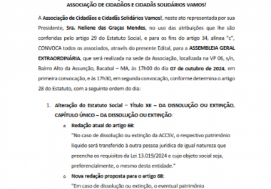 EDITAL DE CONVOCAÇÃO DE ASSEMBLEIA GERAL EXTRAORDINÁRIA PARA ALTERAÇÃO DO ESTATUTO SOCIAL DA ASSOCIAÇÃO DE CIDADÃOS E CIDADÃS SOLIDÁRIOS VAMOS!