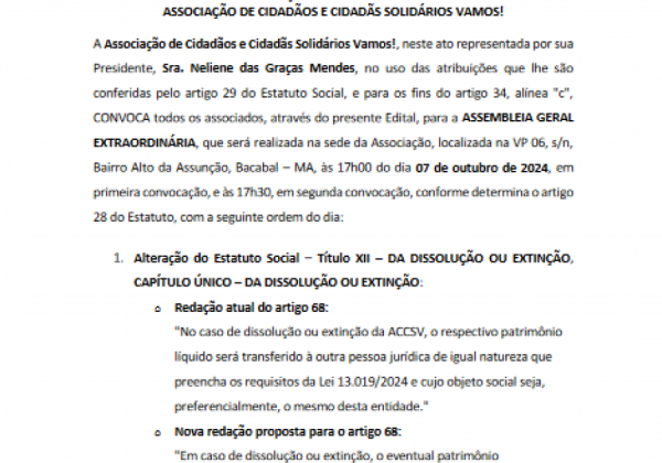 EDITAL DE CONVOCAÇÃO DE ASSEMBLEIA GERAL EXTRAORDINÁRIA PARA ALTERAÇÃO DO ESTATUTO SOCIAL DA ASSOCIAÇÃO DE CIDADÃOS E CIDADÃS SOLIDÁRIOS VAMOS!